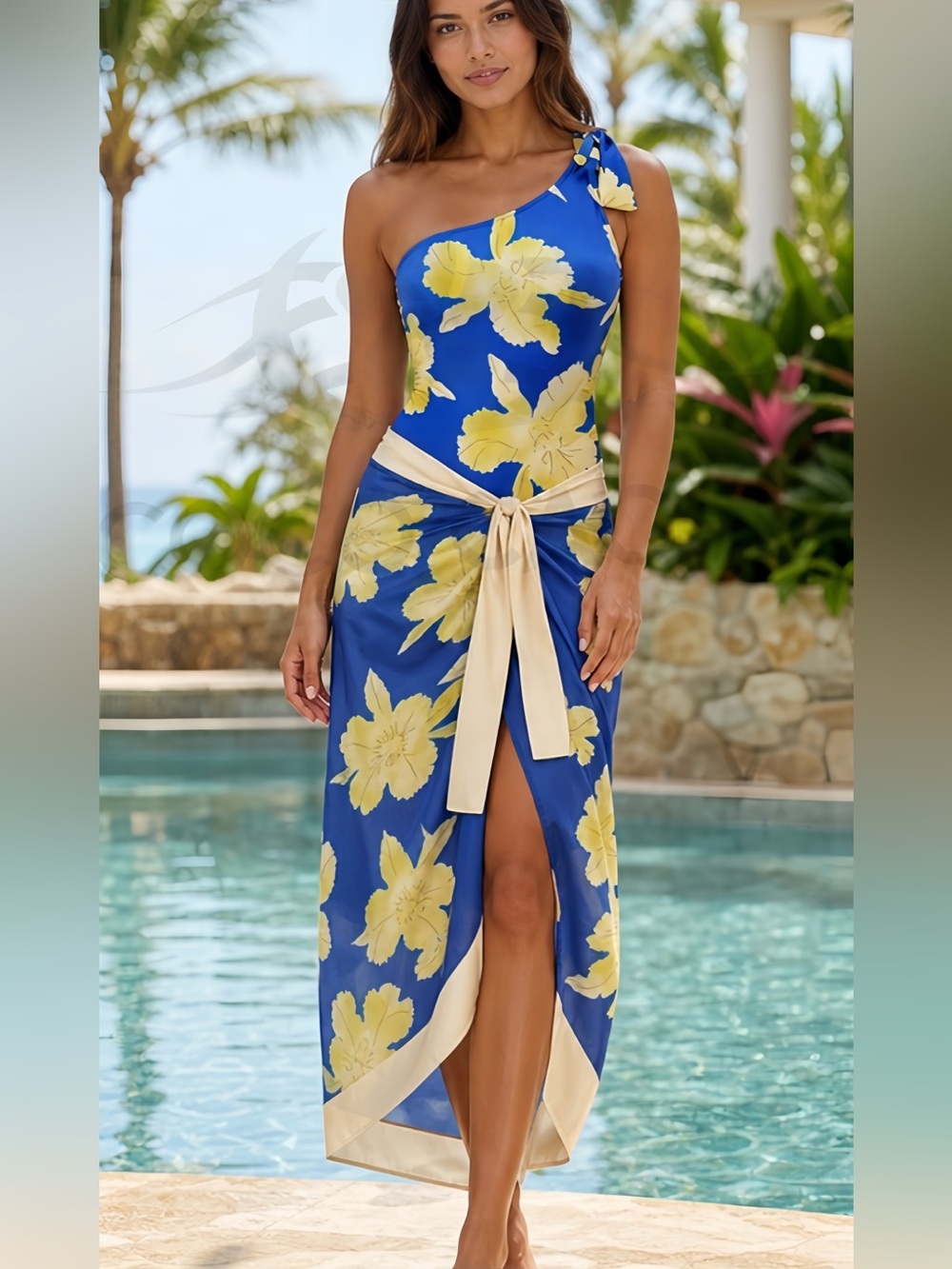 Two Piece Set Blooming Orchids One Shoulder Swimsuit & Coverup Wrap Skirt